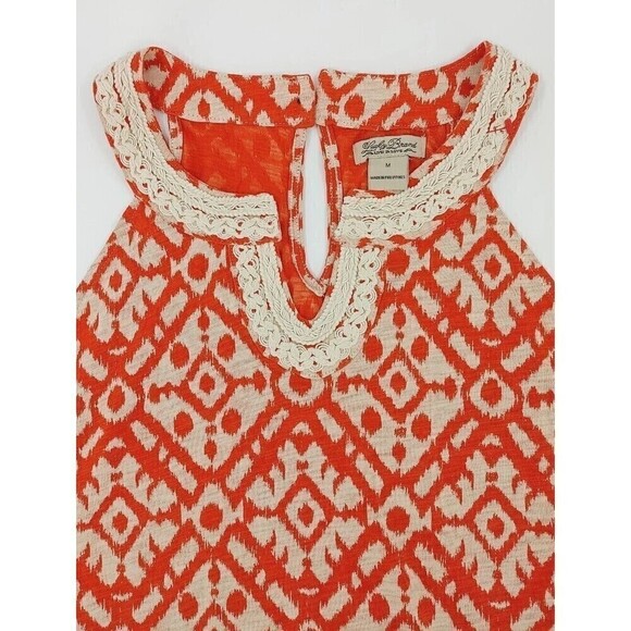 Lucky Brand Womens Top Medium Orange Ikat Print Halter Crochet Trim Boho Summer - Picture 2 of 9
